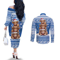 Scotland Highland Cow Christmas Couples Matching Off The Shoulder Long Sleeve Dress and Long Sleeve Button Shirt Nollaig Chridheil Blue Winter - Wonder Print Shop