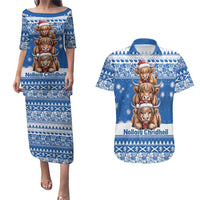 Scotland Highland Cow Christmas Couples Matching Puletasi and Hawaiian Shirt Nollaig Chridheil Blue Winter - Wonder Print Shop