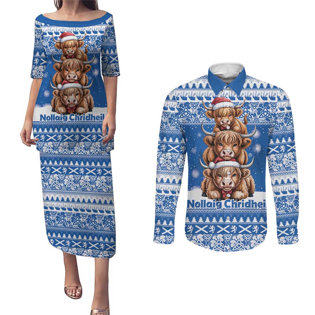 Scotland Highland Cow Christmas Couples Matching Puletasi and Long Sleeve Button Shirt Nollaig Chridheil Blue Winter - Wonder Print Shop