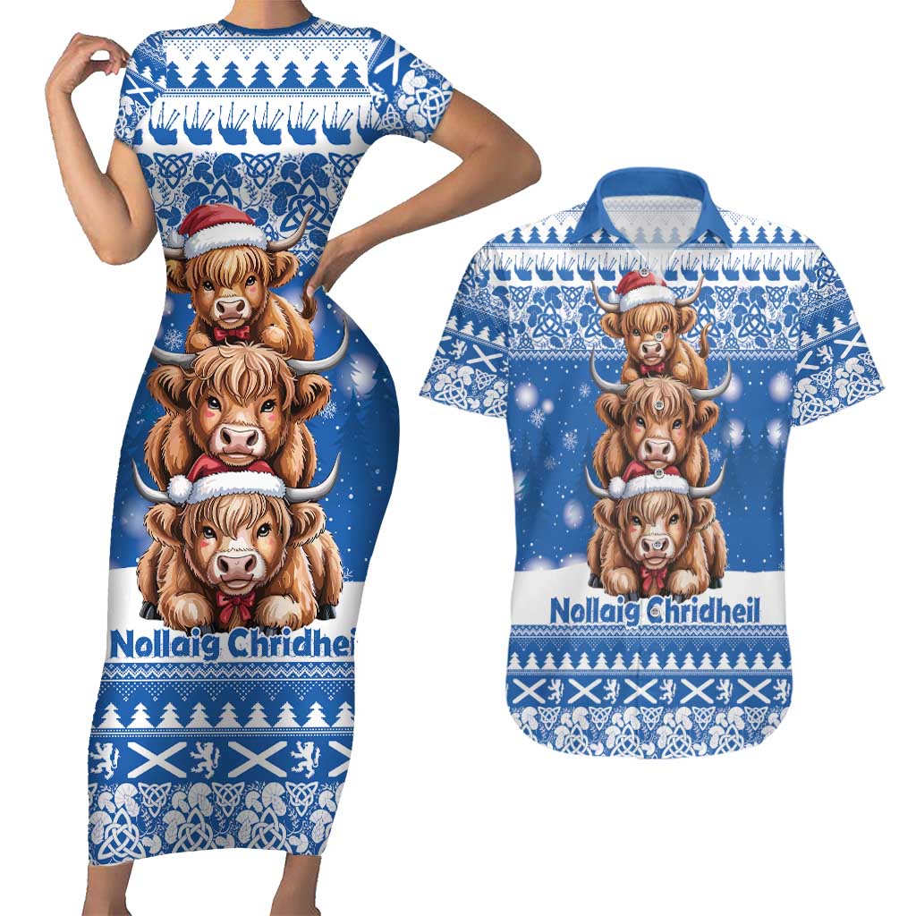 Scotland Highland Cow Christmas Couples Matching Short Sleeve Bodycon Dress and Hawaiian Shirt Nollaig Chridheil Blue Winter - Wonder Print Shop
