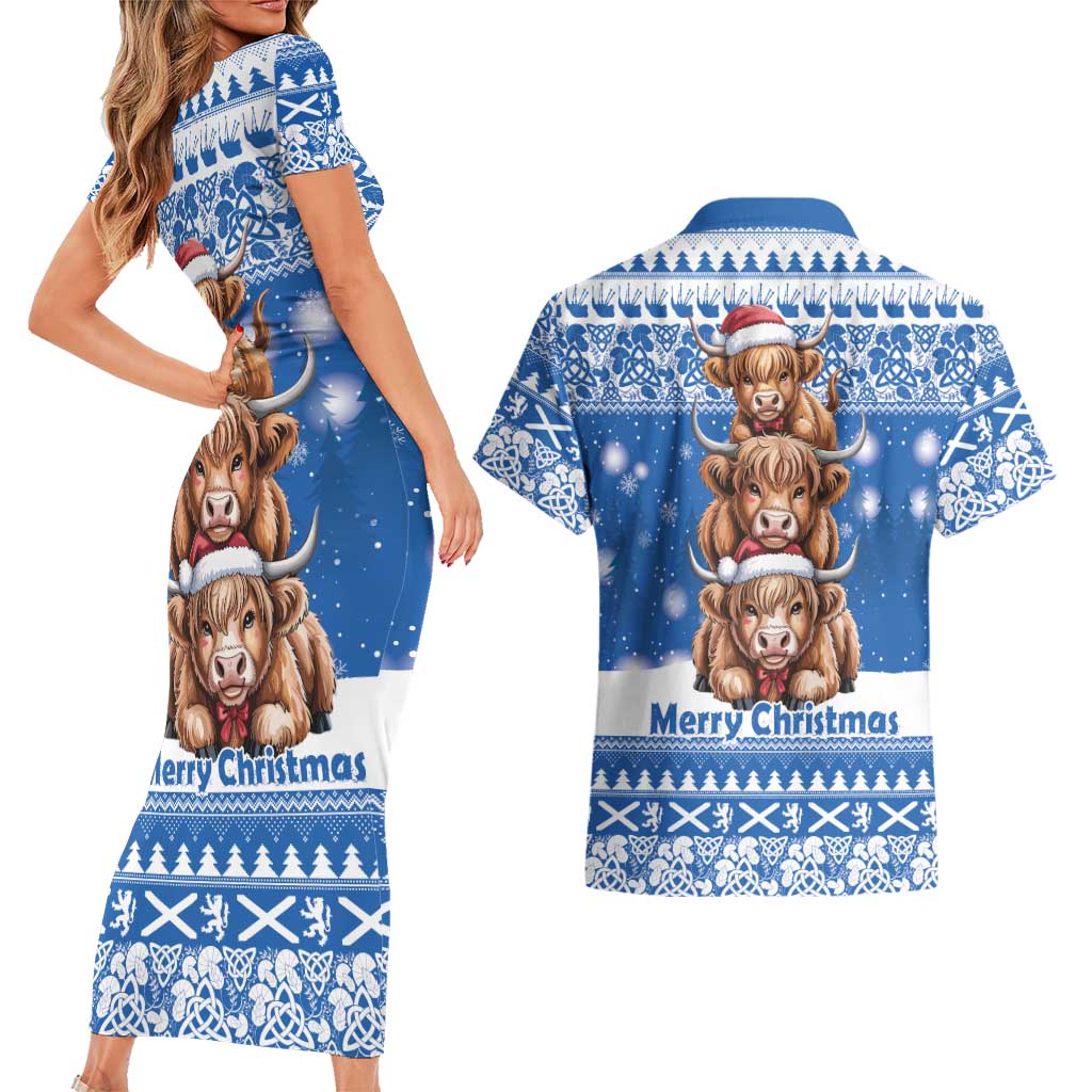 Scotland Highland Cow Christmas Couples Matching Short Sleeve Bodycon Dress and Hawaiian Shirt Nollaig Chridheil Blue Winter - Wonder Print Shop