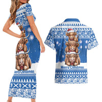 Scotland Highland Cow Christmas Couples Matching Short Sleeve Bodycon Dress and Hawaiian Shirt Nollaig Chridheil Blue Winter - Wonder Print Shop