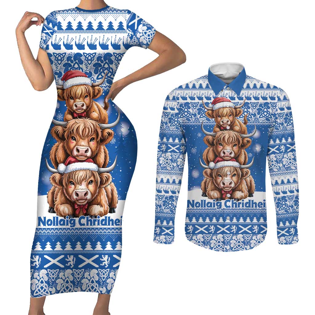 Scotland Highland Cow Christmas Couples Matching Short Sleeve Bodycon Dress and Long Sleeve Button Shirt Nollaig Chridheil Blue Winter - Wonder Print Shop