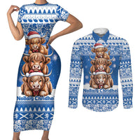Scotland Highland Cow Christmas Couples Matching Short Sleeve Bodycon Dress and Long Sleeve Button Shirt Nollaig Chridheil Blue Winter - Wonder Print Shop