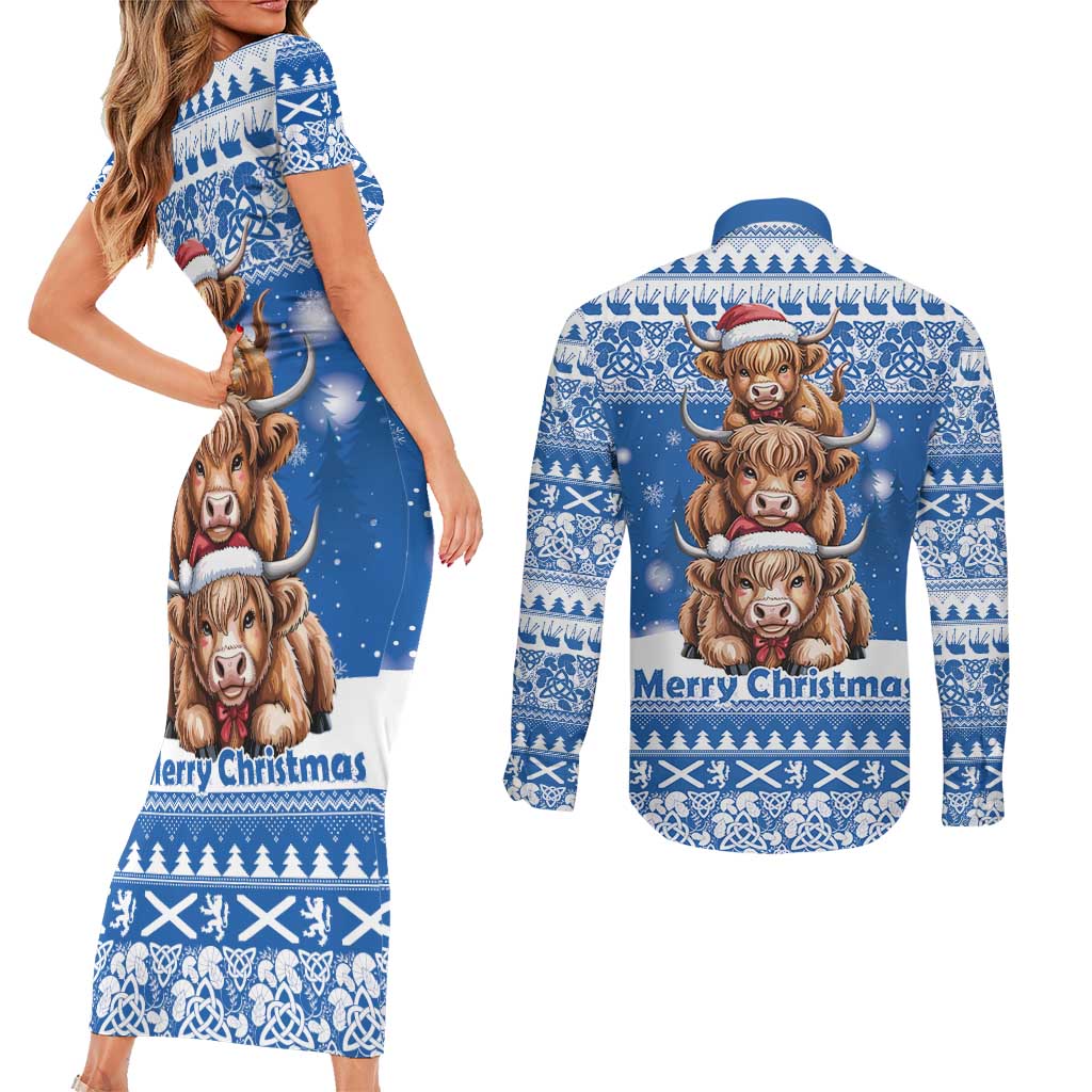 Scotland Highland Cow Christmas Couples Matching Short Sleeve Bodycon Dress and Long Sleeve Button Shirt Nollaig Chridheil Blue Winter - Wonder Print Shop