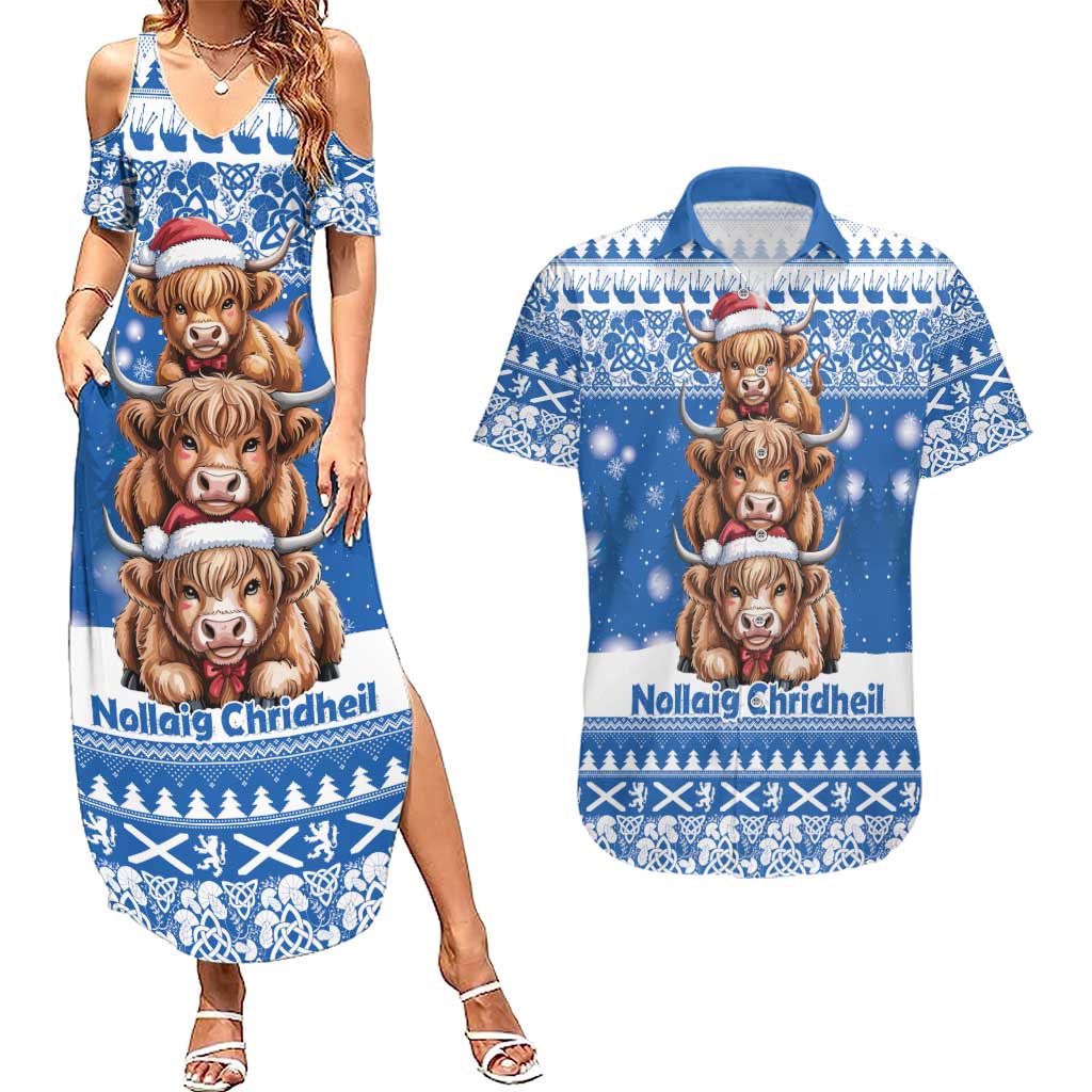 Scotland Highland Cow Christmas Couples Matching Summer Maxi Dress and Hawaiian Shirt Nollaig Chridheil Blue Winter - Wonder Print Shop