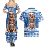 Scotland Highland Cow Christmas Couples Matching Summer Maxi Dress and Hawaiian Shirt Nollaig Chridheil Blue Winter - Wonder Print Shop