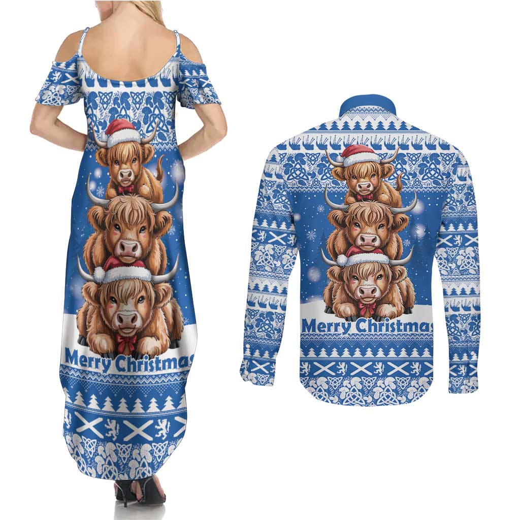 Scotland Highland Cow Christmas Couples Matching Summer Maxi Dress and Long Sleeve Button Shirt Nollaig Chridheil Blue Winter - Wonder Print Shop