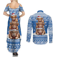 Scotland Highland Cow Christmas Couples Matching Summer Maxi Dress and Long Sleeve Button Shirt Nollaig Chridheil Blue Winter - Wonder Print Shop