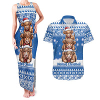 Scotland Highland Cow Christmas Couples Matching Tank Maxi Dress and Hawaiian Shirt Nollaig Chridheil Blue Winter - Wonder Print Shop