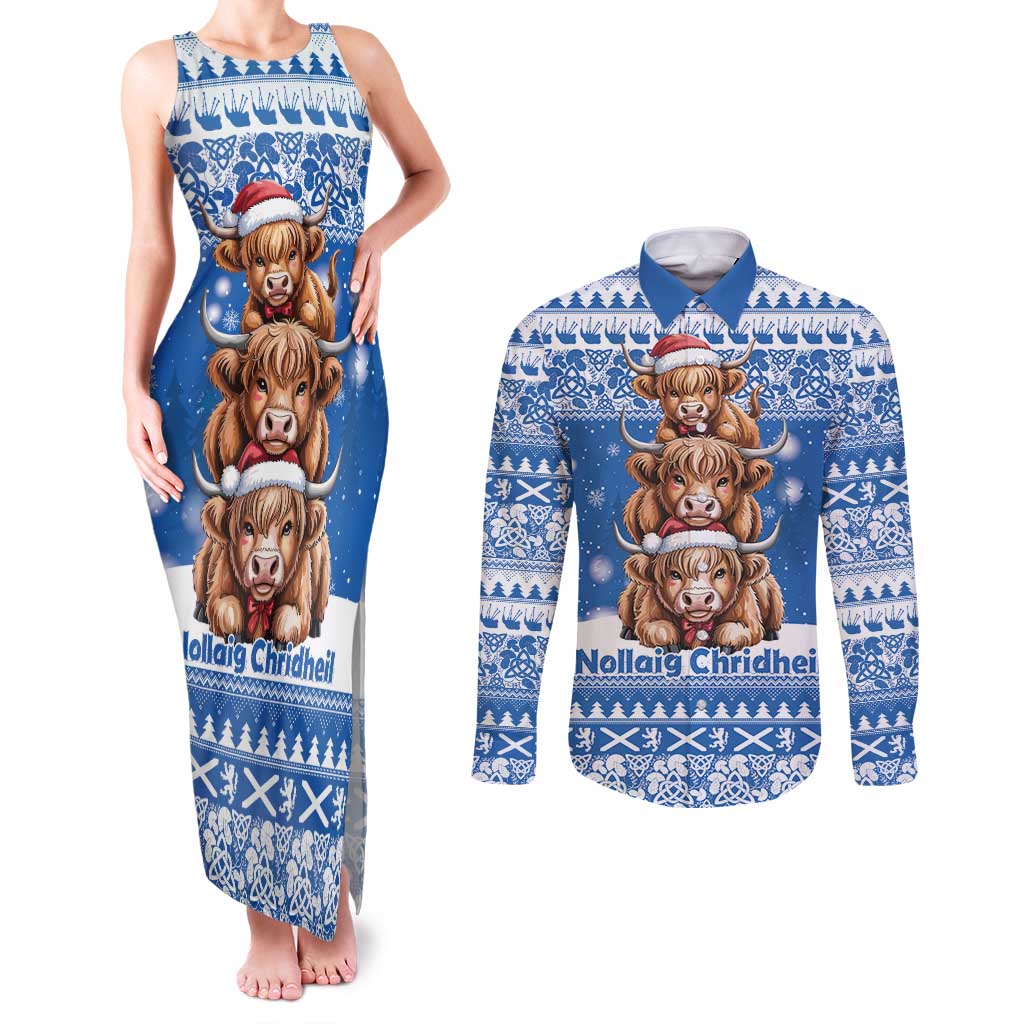 Scotland Highland Cow Christmas Couples Matching Tank Maxi Dress and Long Sleeve Button Shirt Nollaig Chridheil Blue Winter - Wonder Print Shop