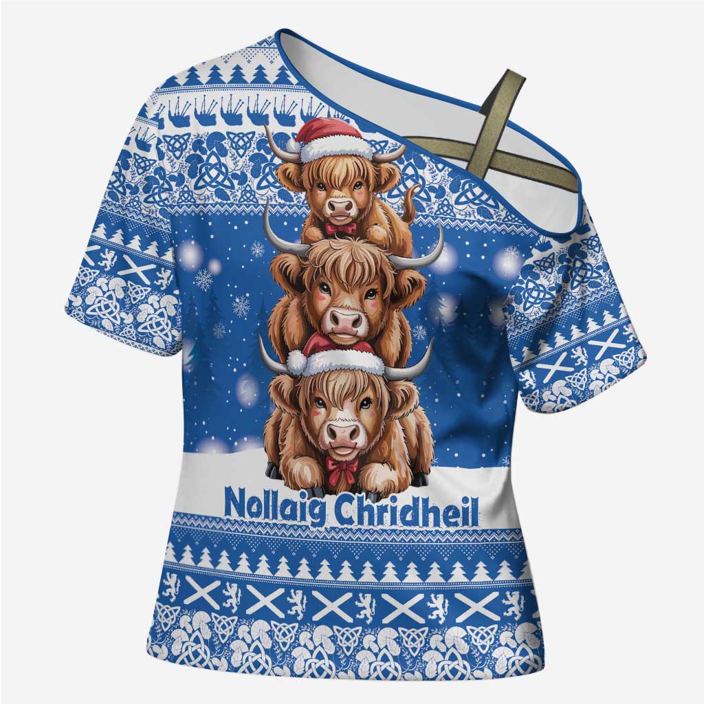 Scotland Highland Cow Christmas Cross Shoulder Shirt Nollaig Chridheil Blue Winter - Wonder Print Shop