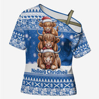 Scotland Highland Cow Christmas Cross Shoulder Shirt Nollaig Chridheil Blue Winter - Wonder Print Shop