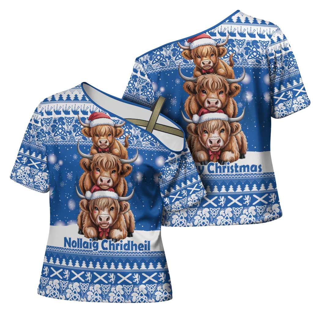 Scotland Highland Cow Christmas Cross Shoulder Shirt Nollaig Chridheil Blue Winter - Wonder Print Shop
