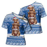 Scotland Highland Cow Christmas Cross Shoulder Shirt Nollaig Chridheil Blue Winter - Wonder Print Shop