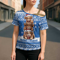 Scotland Highland Cow Christmas Cross Shoulder Shirt Nollaig Chridheil Blue Winter - Wonder Print Shop