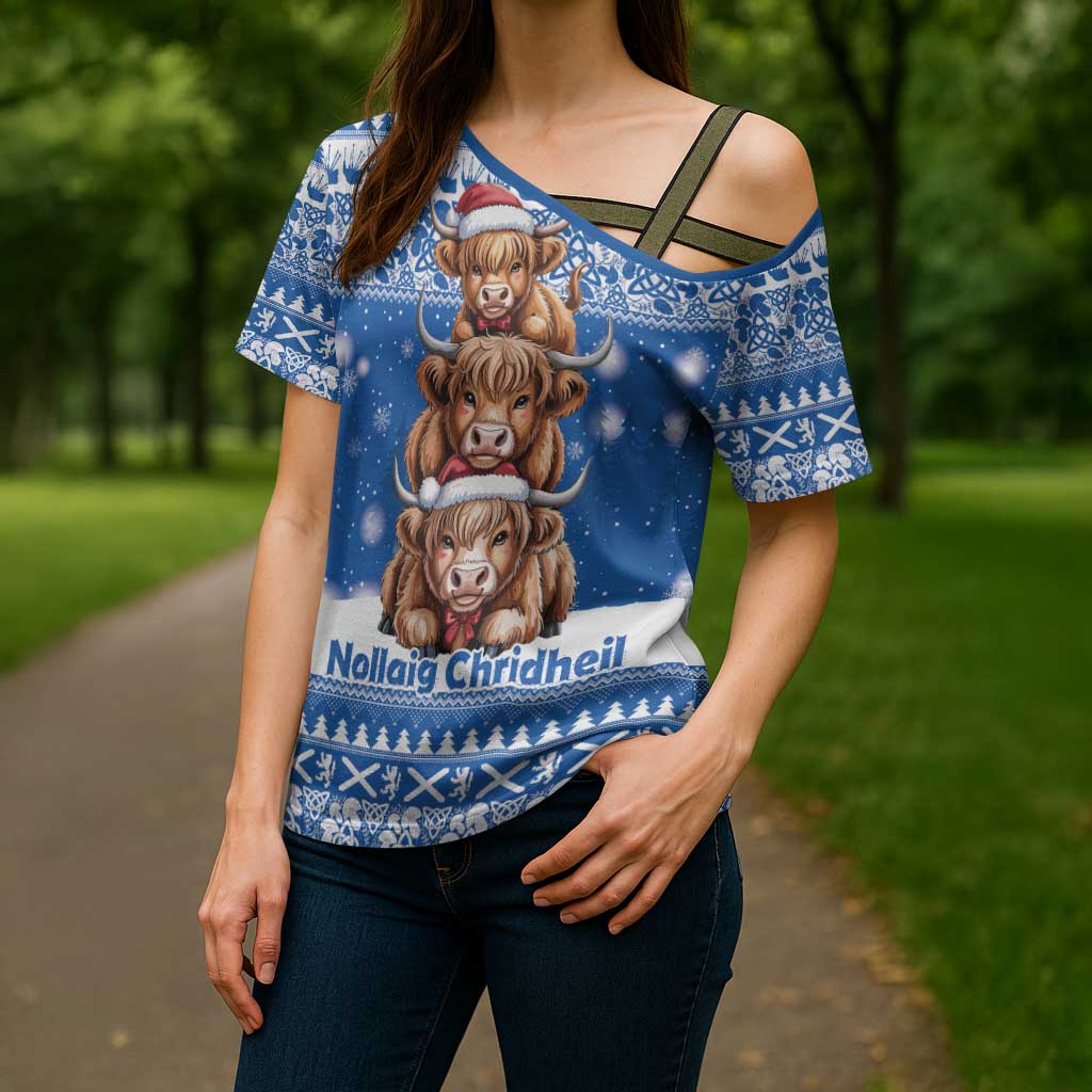 Scotland Highland Cow Christmas Cross Shoulder Shirt Nollaig Chridheil Blue Winter - Wonder Print Shop