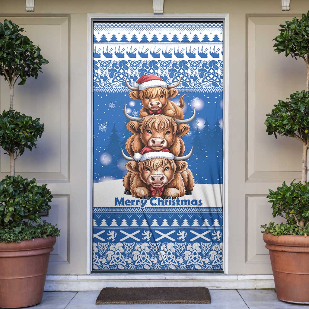 Scotland Highland Cow Christmas Door Cover Nollaig Chridheil Blue Winter - Wonder Print Shop
