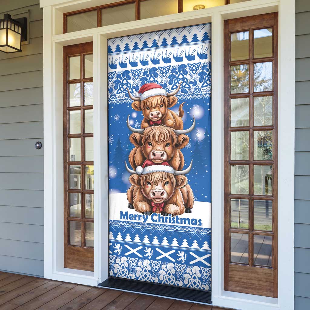 Scotland Highland Cow Christmas Door Cover Nollaig Chridheil Blue Winter - Wonder Print Shop