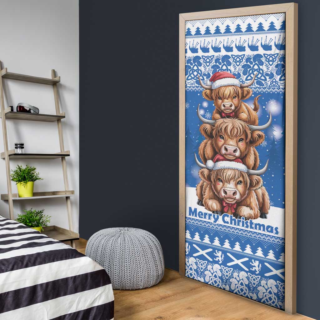 Scotland Highland Cow Christmas Door Cover Nollaig Chridheil Blue Winter - Wonder Print Shop