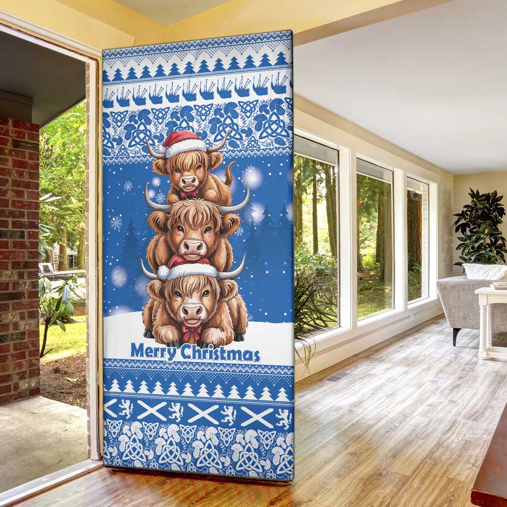 Scotland Highland Cow Christmas Door Cover Nollaig Chridheil Blue Winter - Wonder Print Shop