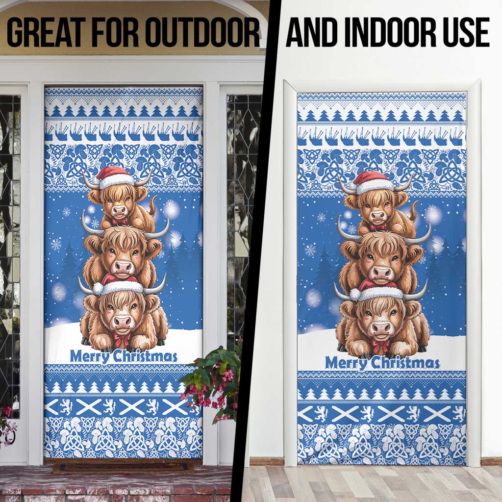 Scotland Highland Cow Christmas Door Cover Nollaig Chridheil Blue Winter - Wonder Print Shop