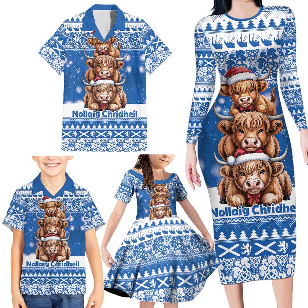 Scotland Highland Cow Christmas Family Matching Long Sleeve Bodycon Dress and Hawaiian Shirt Nollaig Chridheil Blue Winter - Wonder Print Shop