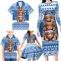 Scotland Highland Cow Christmas Family Matching Long Sleeve Bodycon Dress and Hawaiian Shirt Nollaig Chridheil Blue Winter - Wonder Print Shop