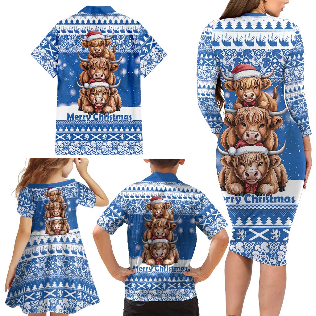 Scotland Highland Cow Christmas Family Matching Long Sleeve Bodycon Dress and Hawaiian Shirt Nollaig Chridheil Blue Winter - Wonder Print Shop