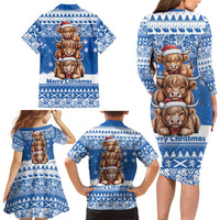 Scotland Highland Cow Christmas Family Matching Long Sleeve Bodycon Dress and Hawaiian Shirt Nollaig Chridheil Blue Winter - Wonder Print Shop