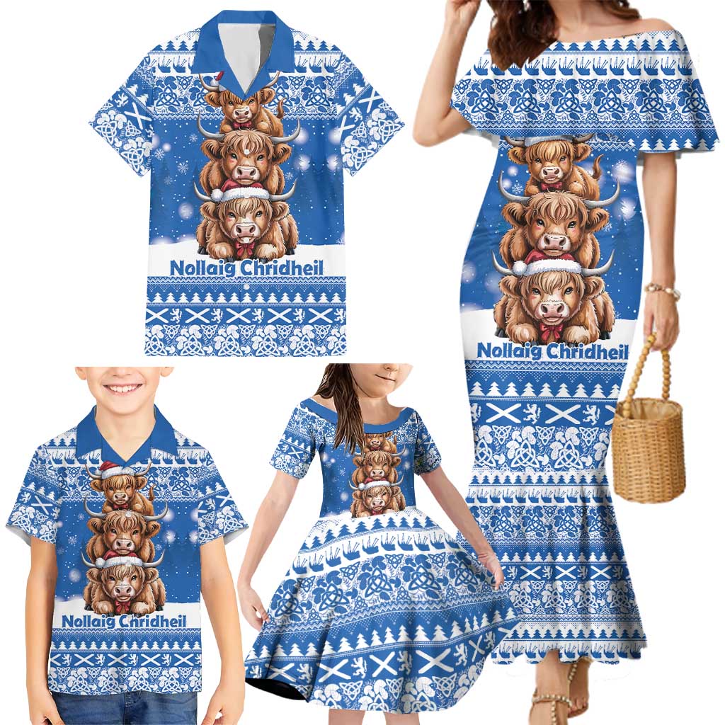 Scotland Highland Cow Christmas Family Matching Mermaid Dress and Hawaiian Shirt Nollaig Chridheil Blue Winter - Wonder Print Shop