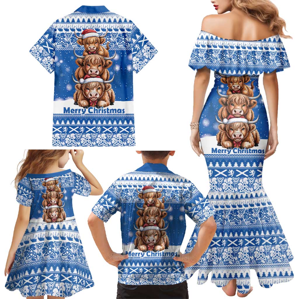 Scotland Highland Cow Christmas Family Matching Mermaid Dress and Hawaiian Shirt Nollaig Chridheil Blue Winter - Wonder Print Shop