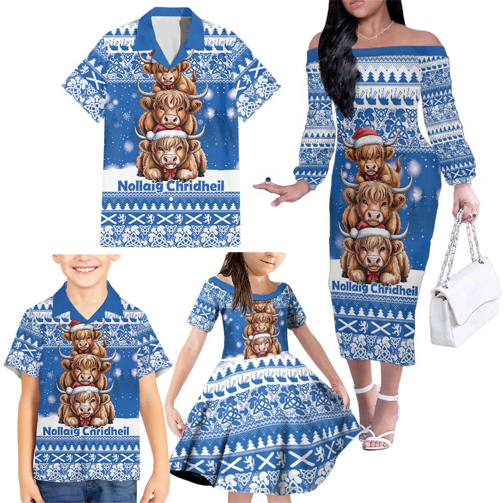 Scotland Highland Cow Christmas Family Matching Off The Shoulder Long Sleeve Dress and Hawaiian Shirt Nollaig Chridheil Blue Winter - Wonder Print Shop