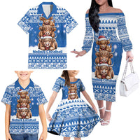 Scotland Highland Cow Christmas Family Matching Off The Shoulder Long Sleeve Dress and Hawaiian Shirt Nollaig Chridheil Blue Winter - Wonder Print Shop
