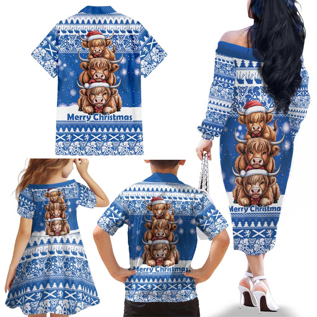 Scotland Highland Cow Christmas Family Matching Off The Shoulder Long Sleeve Dress and Hawaiian Shirt Nollaig Chridheil Blue Winter - Wonder Print Shop