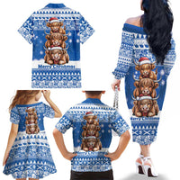 Scotland Highland Cow Christmas Family Matching Off The Shoulder Long Sleeve Dress and Hawaiian Shirt Nollaig Chridheil Blue Winter - Wonder Print Shop