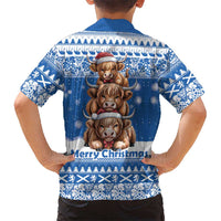 Scotland Highland Cow Christmas Family Matching Off Shoulder Maxi Dress and Hawaiian Shirt Nollaig Chridheil Blue Winter - Wonder Print Shop