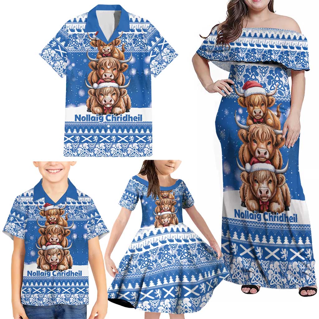 Scotland Highland Cow Christmas Family Matching Off Shoulder Maxi Dress and Hawaiian Shirt Nollaig Chridheil Blue Winter - Wonder Print Shop