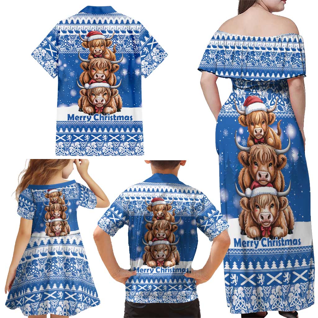 Scotland Highland Cow Christmas Family Matching Off Shoulder Maxi Dress and Hawaiian Shirt Nollaig Chridheil Blue Winter - Wonder Print Shop