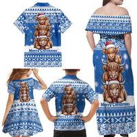 Scotland Highland Cow Christmas Family Matching Off Shoulder Maxi Dress and Hawaiian Shirt Nollaig Chridheil Blue Winter - Wonder Print Shop