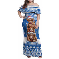 Scotland Highland Cow Christmas Family Matching Off Shoulder Maxi Dress and Hawaiian Shirt Nollaig Chridheil Blue Winter - Wonder Print Shop
