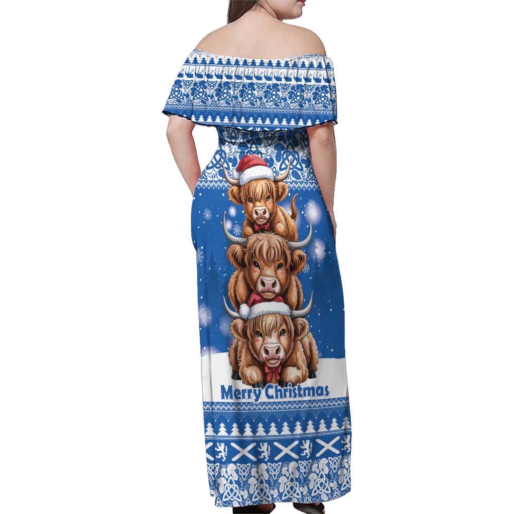 Scotland Highland Cow Christmas Family Matching Off Shoulder Maxi Dress and Hawaiian Shirt Nollaig Chridheil Blue Winter - Wonder Print Shop