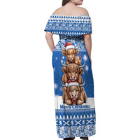 Scotland Highland Cow Christmas Family Matching Off Shoulder Maxi Dress and Hawaiian Shirt Nollaig Chridheil Blue Winter - Wonder Print Shop
