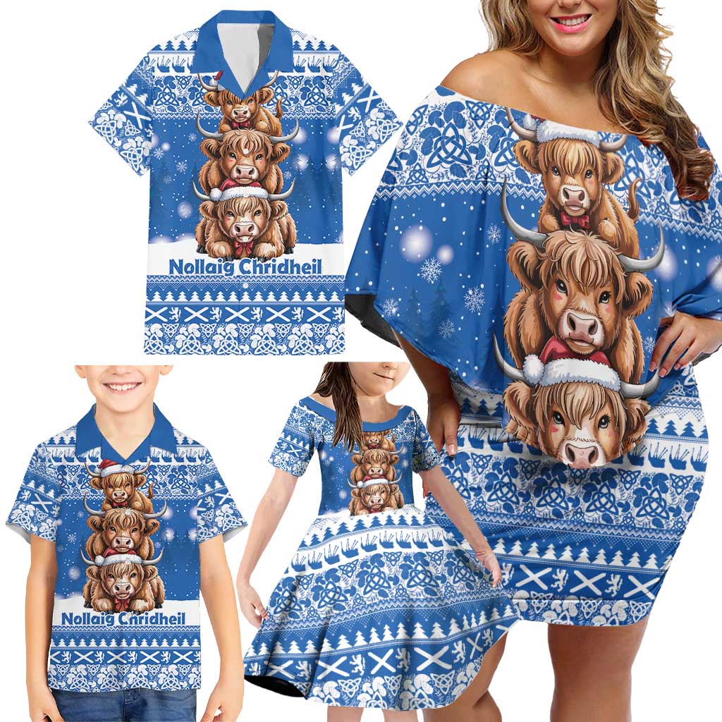 Scotland Highland Cow Christmas Family Matching Off Shoulder Short Dress and Hawaiian Shirt Nollaig Chridheil Blue Winter - Wonder Print Shop