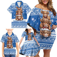 Scotland Highland Cow Christmas Family Matching Off Shoulder Short Dress and Hawaiian Shirt Nollaig Chridheil Blue Winter - Wonder Print Shop