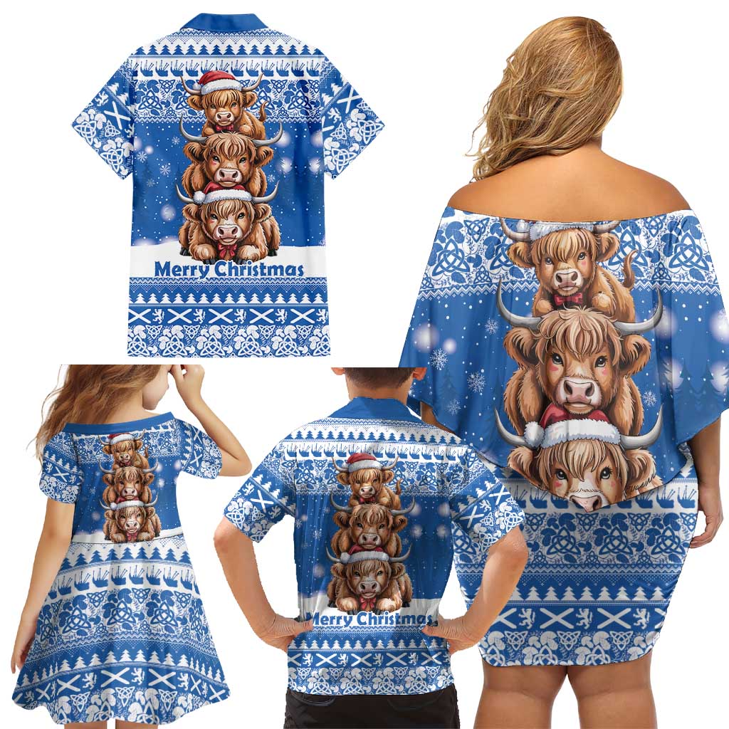 Scotland Highland Cow Christmas Family Matching Off Shoulder Short Dress and Hawaiian Shirt Nollaig Chridheil Blue Winter - Wonder Print Shop