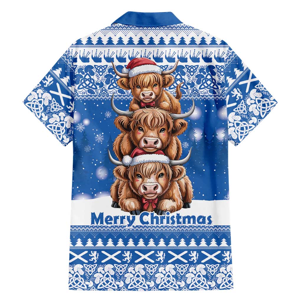 Scotland Highland Cow Christmas Family Matching Off Shoulder Short Dress and Hawaiian Shirt Nollaig Chridheil Blue Winter - Wonder Print Shop