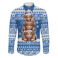 Scotland Highland Cow Christmas Family Matching Off Shoulder Short Dress and Hawaiian Shirt Nollaig Chridheil Blue Winter - Wonder Print Shop