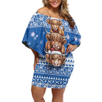 Scotland Highland Cow Christmas Family Matching Off Shoulder Short Dress and Hawaiian Shirt Nollaig Chridheil Blue Winter - Wonder Print Shop