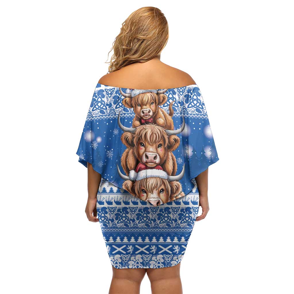 Scotland Highland Cow Christmas Family Matching Off Shoulder Short Dress and Hawaiian Shirt Nollaig Chridheil Blue Winter - Wonder Print Shop